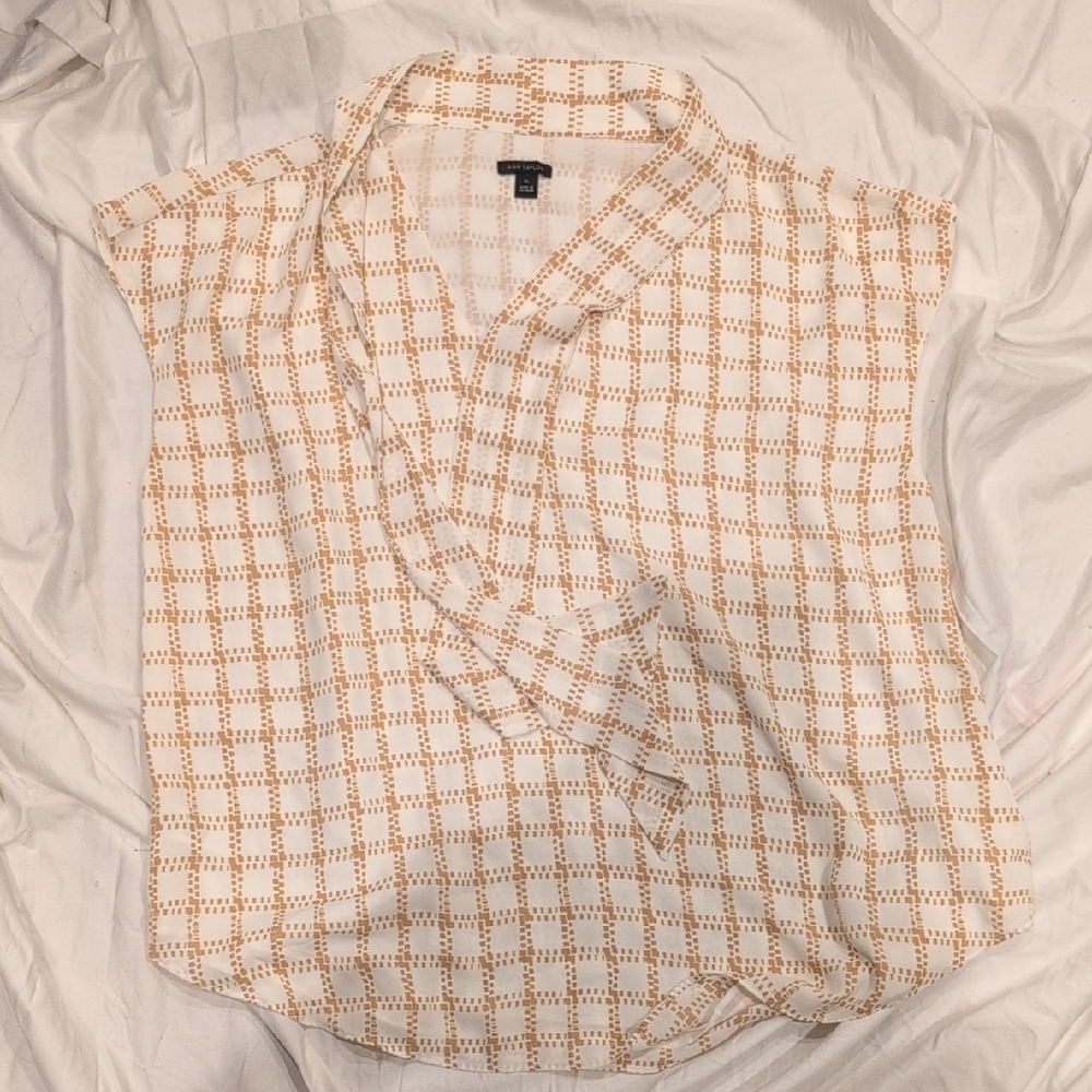 Ann Taylor Cream and Brown Geometric Blouse